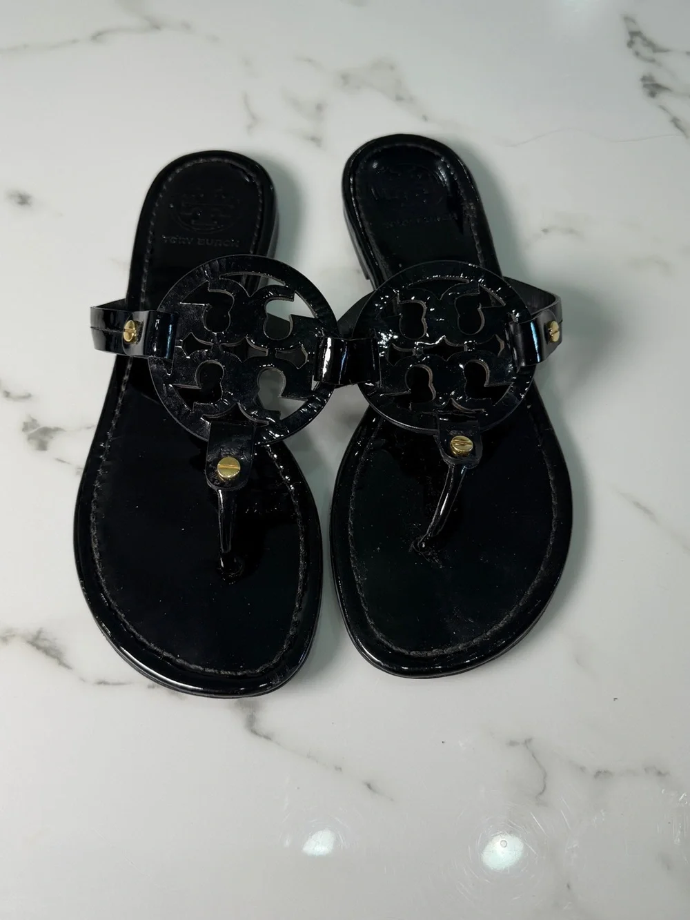 Tory Burch Miller Black Patent Leather Logo Sandals Women's Size 7